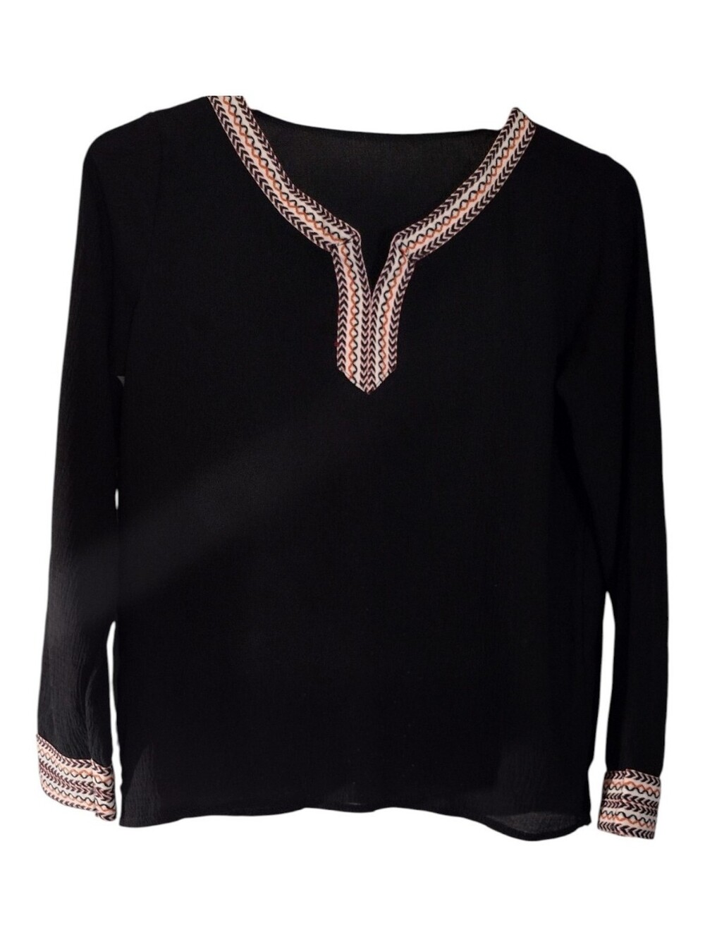 Black Long-Sleeve Women's Tunic Top with Embroidered Trim